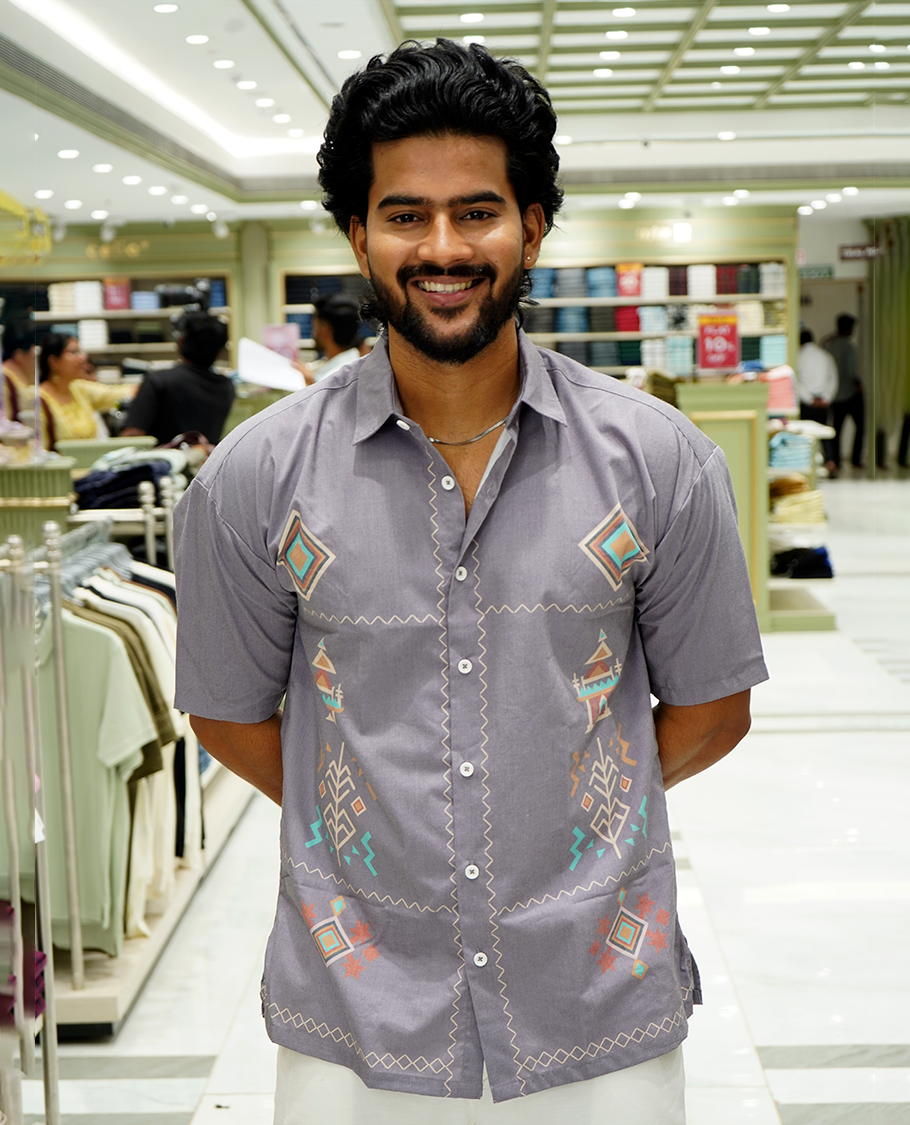 Grey Cotton-Blended Casual Shirt Features Unique Motifs Print, Full Sleeves, a Spread Collar, a Slim Fit, and a Regular Length