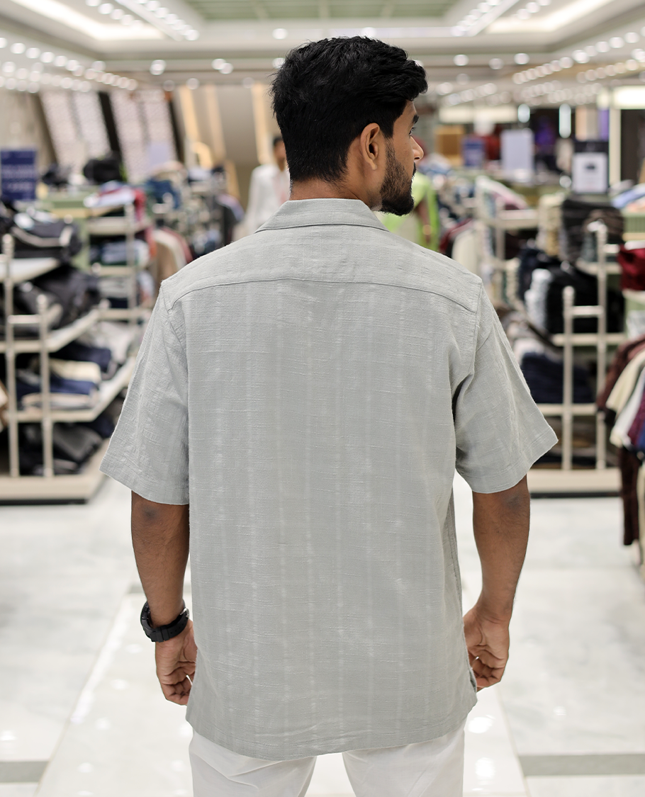 Grey Poly-Blended Causal Shirt, Comes with Shell Motifs Print, Half Sleeves, a Cuban Collar, a Boxy Fit, and Regular Length