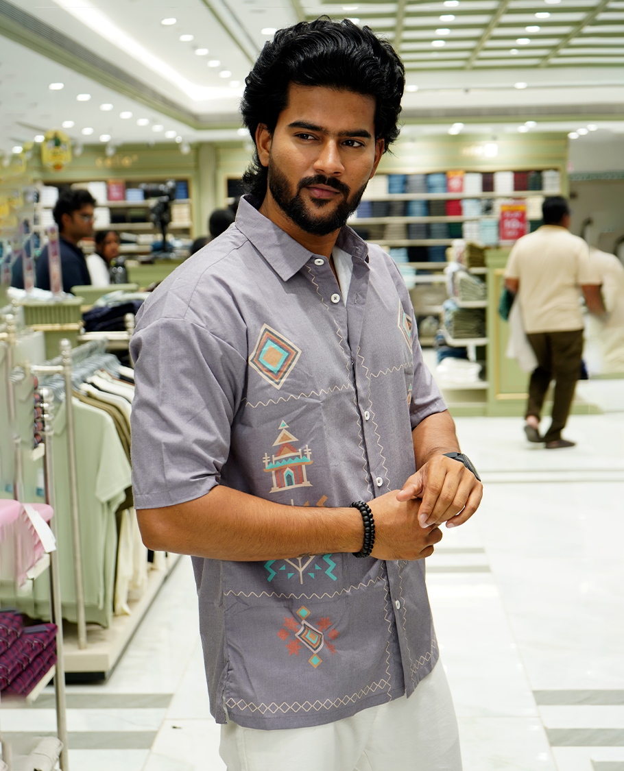 Grey Cotton-Blended Casual Shirt Features Unique Motifs Print, Full Sleeves, a Spread Collar, a Slim Fit, and a Regular Length