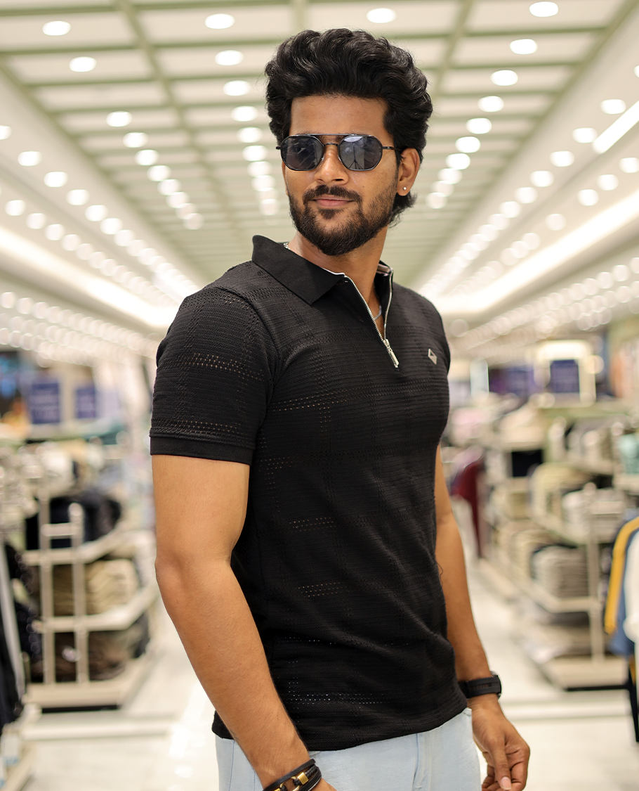 Black Corduroy T-Shirt Comes with a Checked Texture, a Polo Neck, Half-Sleeves, a Slim Fit, and Regular Length