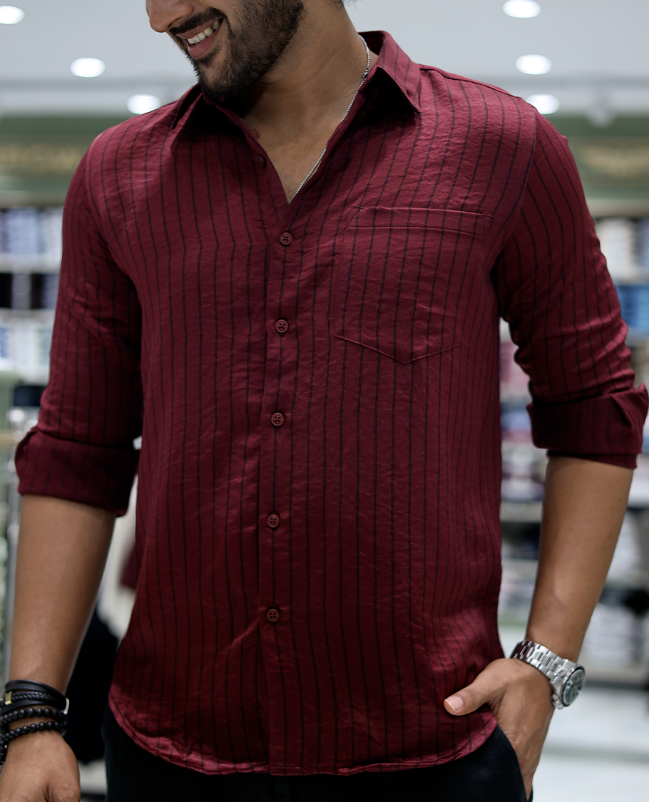Maroon Striped Poly-Blended Formal Shirt Comes with Full Sleeves, a Spread Collar, a Slim Fit, and a Regular Length