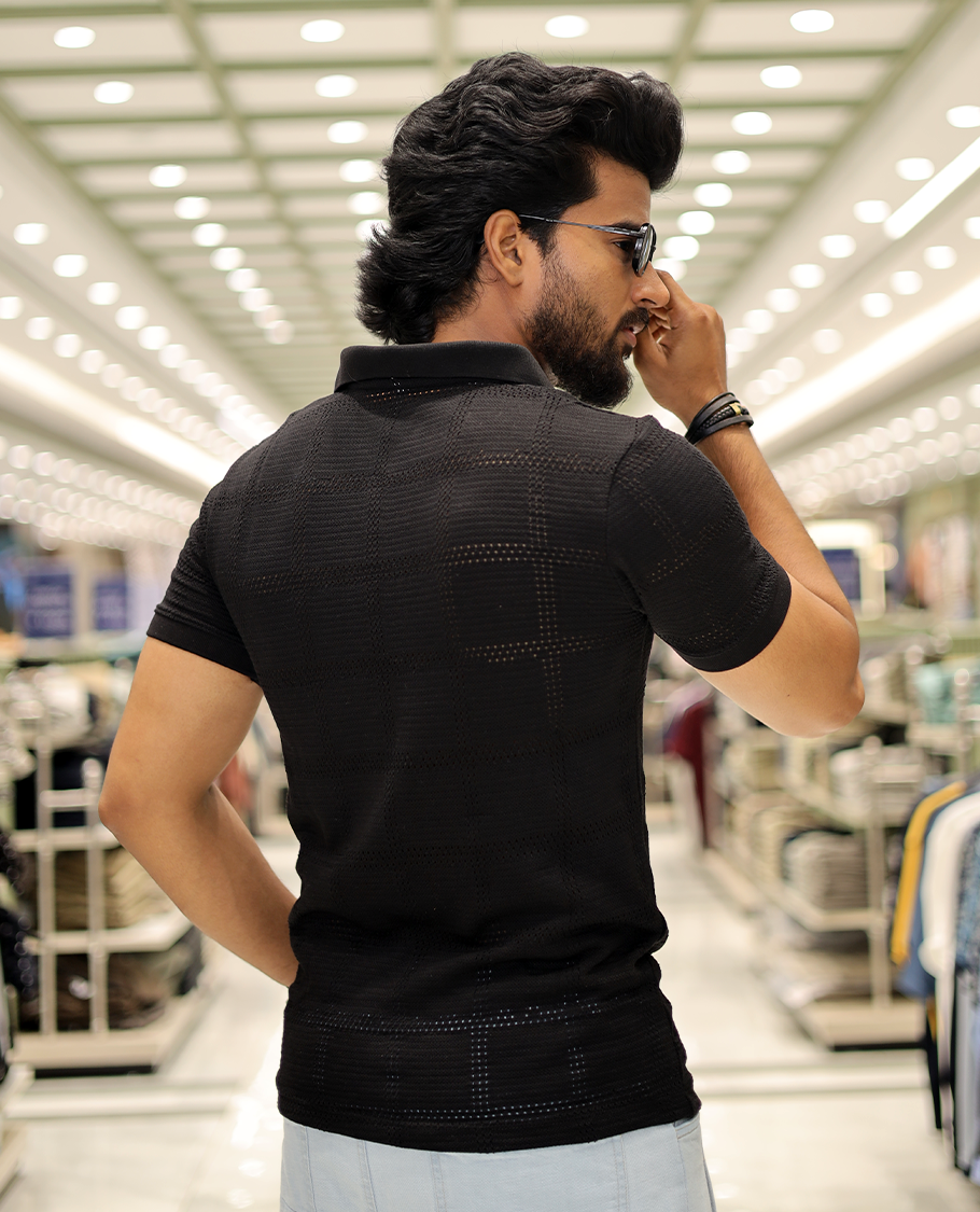 Black Corduroy T-Shirt Comes with a Checked Texture, a Polo Neck, Half-Sleeves, a Slim Fit, and Regular Length