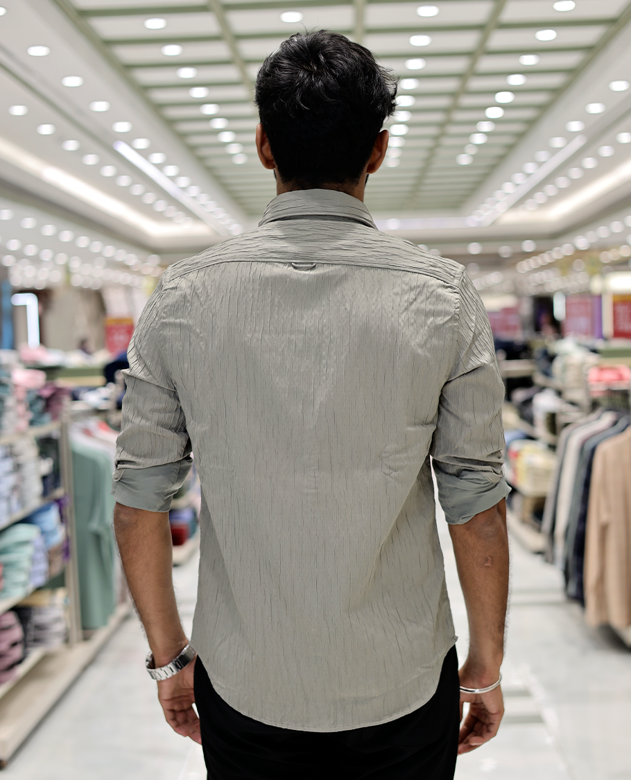 Cream Crushed Cotton-Blended Casual Shirt Features Full Sleeves, a Spread Collar, a Slim Fit, and Regular Length