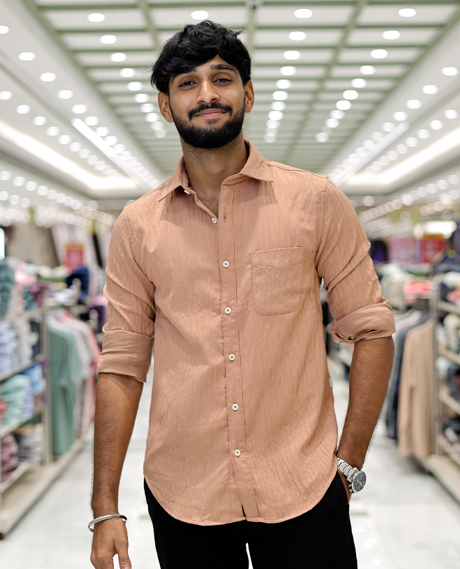 Salmon Crushed Cotton-Blended Casual Shirt Features Full Sleeves, a Spread Collar, a Slim Fit, and Regular Length