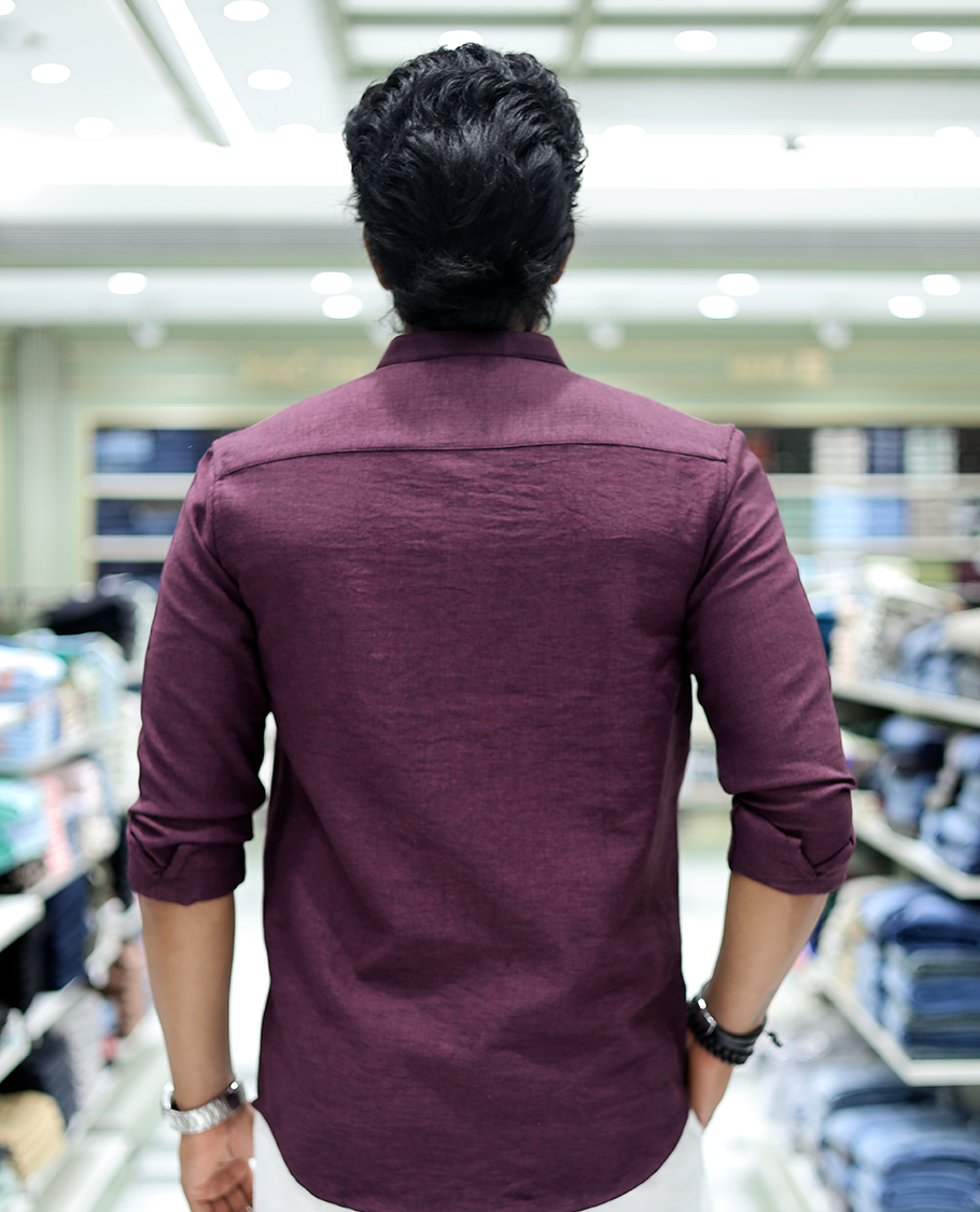 Plum Solid Cotton-Blended Casual Shirt Comes with Full Sleeves, a Mandarin Collar, a Regular Fit, and a Regular Length
