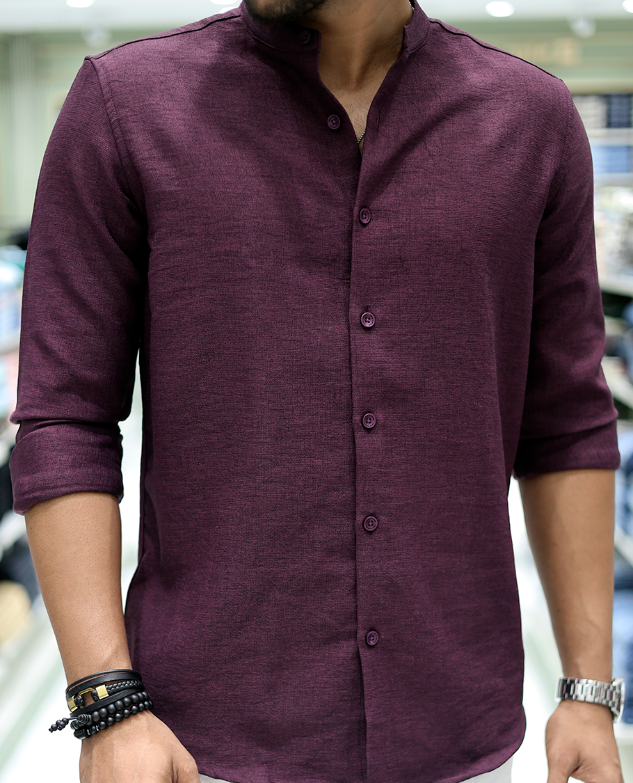 Plum Solid Cotton-Blended Casual Shirt Comes with Full Sleeves, a Mandarin Collar, a Regular Fit, and a Regular Length