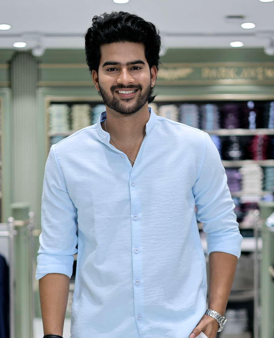 Light Blue Solid Cotton-Blended Casual Shirt Comes with Full Sleeves, a Mandarin Collar, a Regular Fit, and a Regular Length