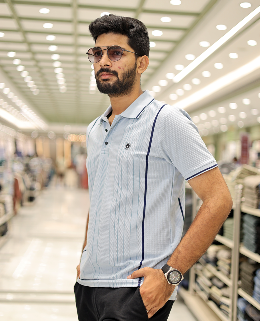 Light Blue Striped Cotton-Blended T-Shirt Comes with Half-Sleeves, a Polo Neck, a Slim Fit, and Regular Length