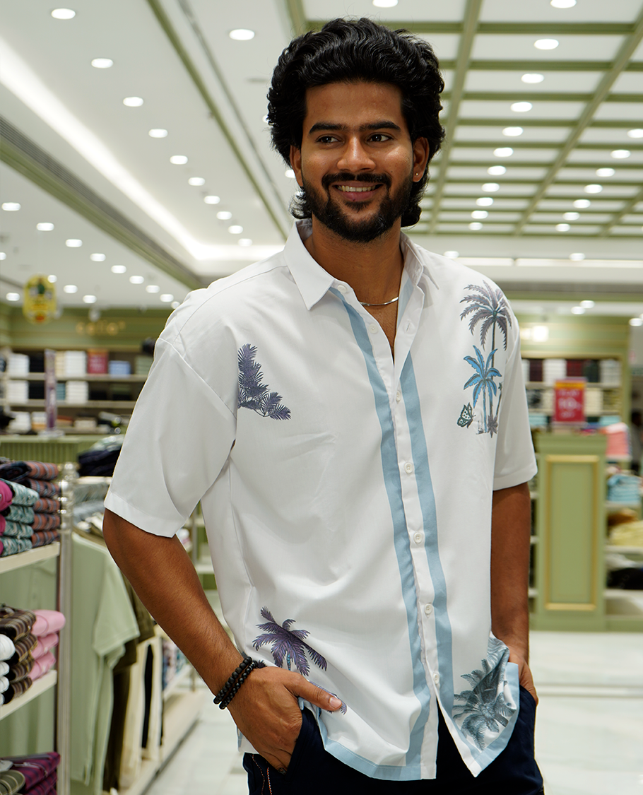 White Cotton-Blended Casual Shirt Features Coconut Tree Print, Full Sleeves, a Spread Collar, a Slim Fit, and a Regular Length
