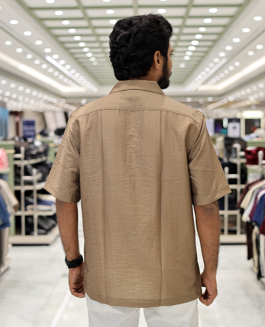 Brown Poly-Blended Causal Shirt, Comes with Floral Print, Half Sleeves, a Cuban Collar, a Boxy Fit, and Regular Length