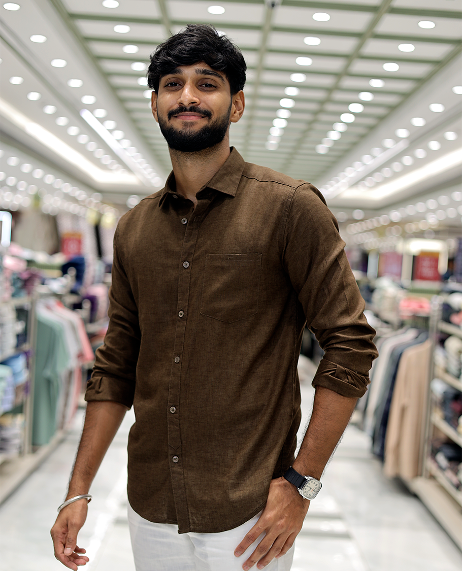 Brown Solid Linen-Blended Casual Shirt Features Full Sleeves, a Slim Fit, a Spread Collar, and a Regular Length