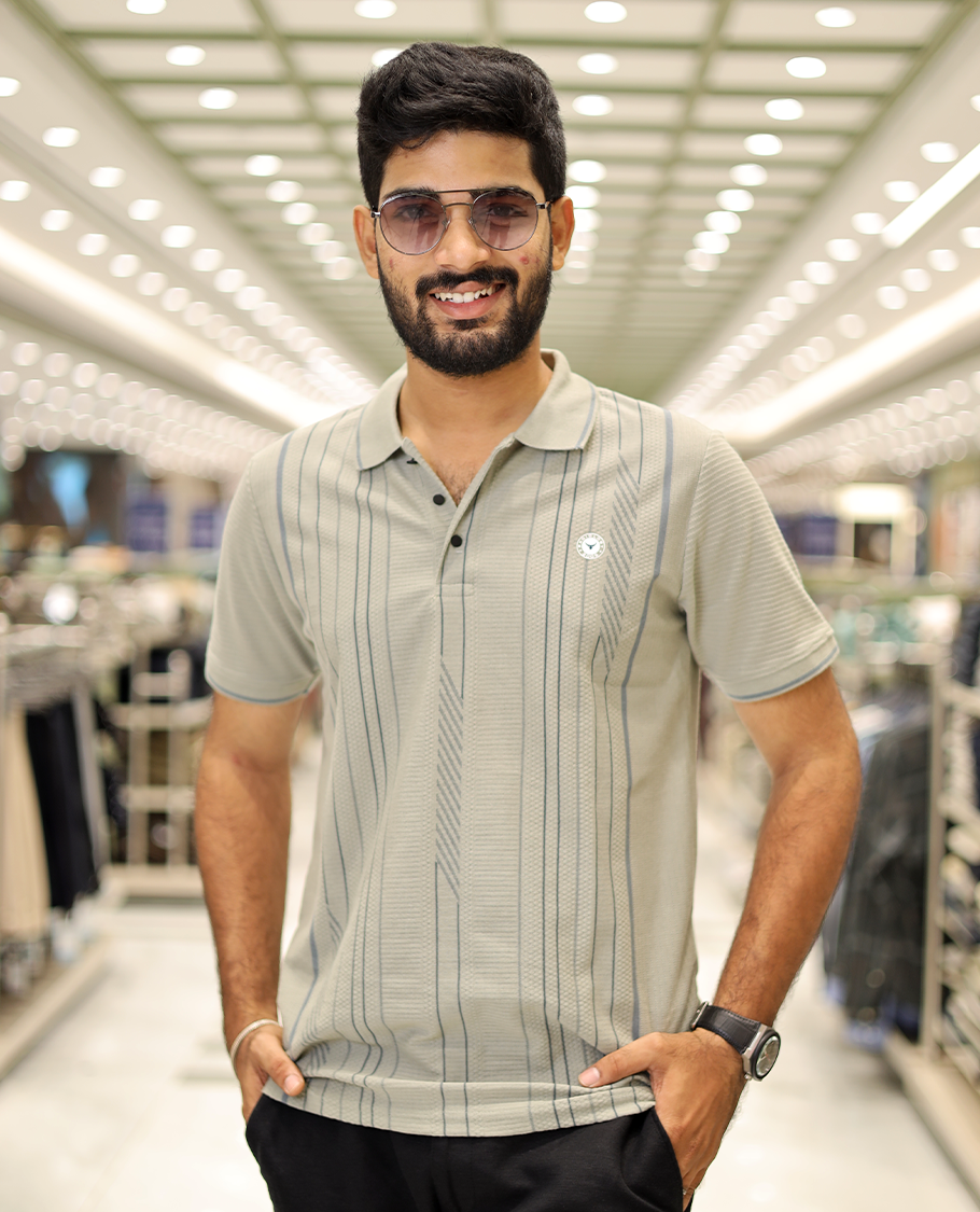 Green Striped Cotton-Blended T-Shirt Comes with Half-Sleeves, a Polo Neck, a Slim Fit, and Regular Length