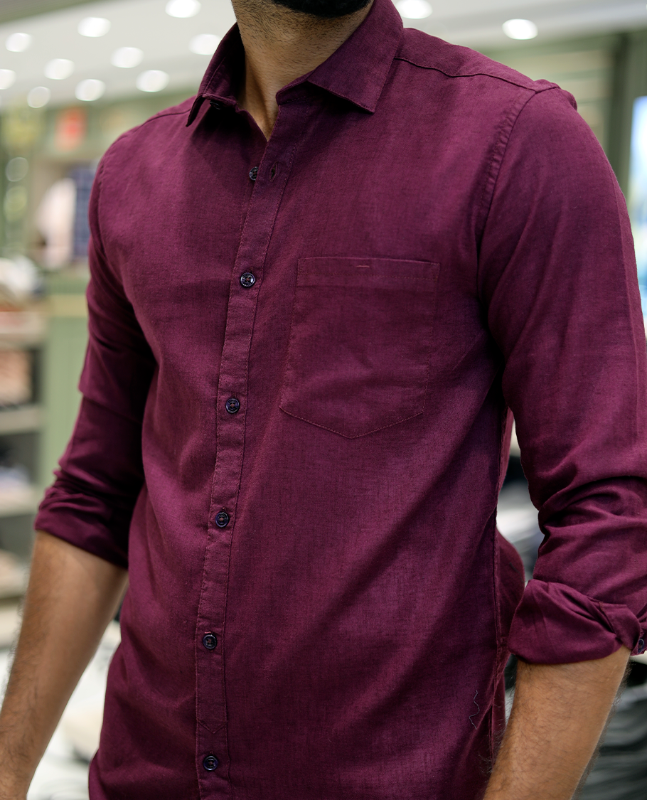 Maroon Solid Linen-Blended Casual Shirt Features Full Sleeves, a Slim Fit, a Spread Collar, and a Regular Length