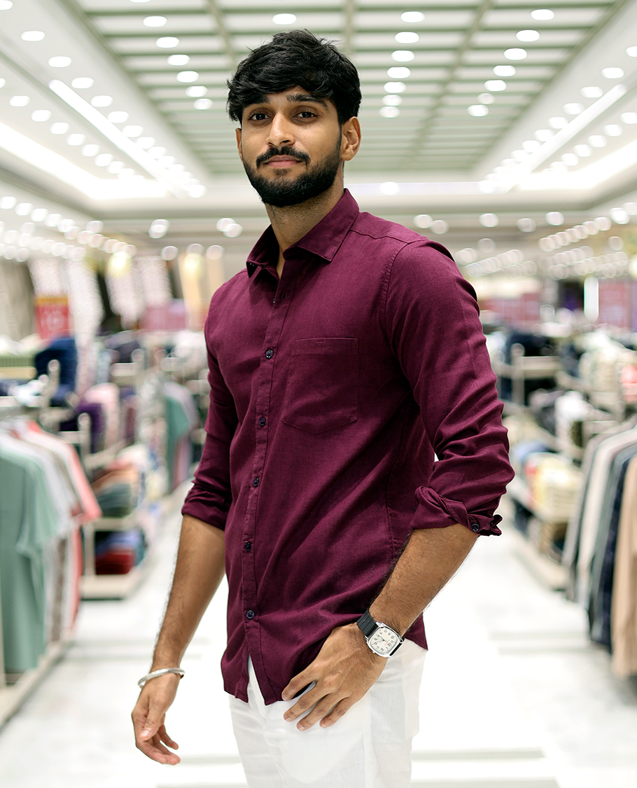 Maroon Solid Linen-Blended Casual Shirt Features Full Sleeves, a Slim Fit, a Spread Collar, and a Regular Length