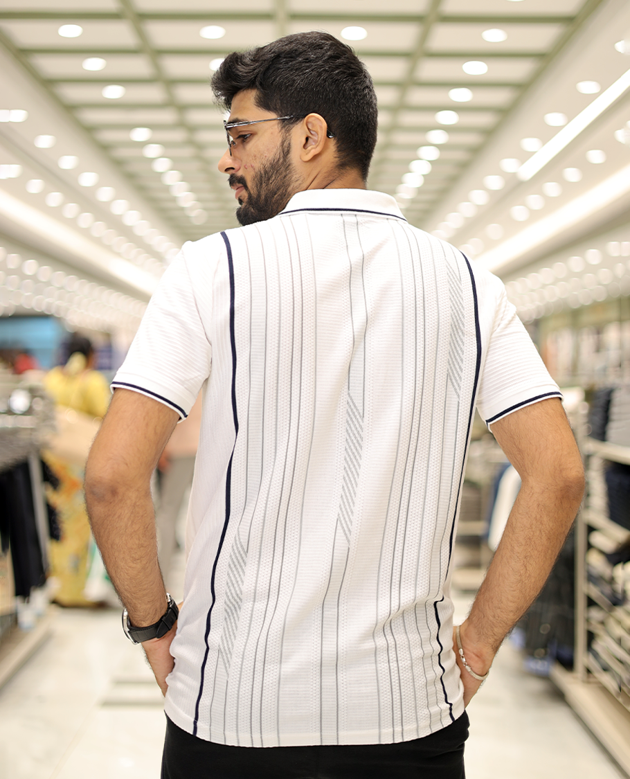 White Striped Cotton-Blended T-Shirt Comes with Half-Sleeves, a Polo Neck, a Slim Fit, and Regular Length