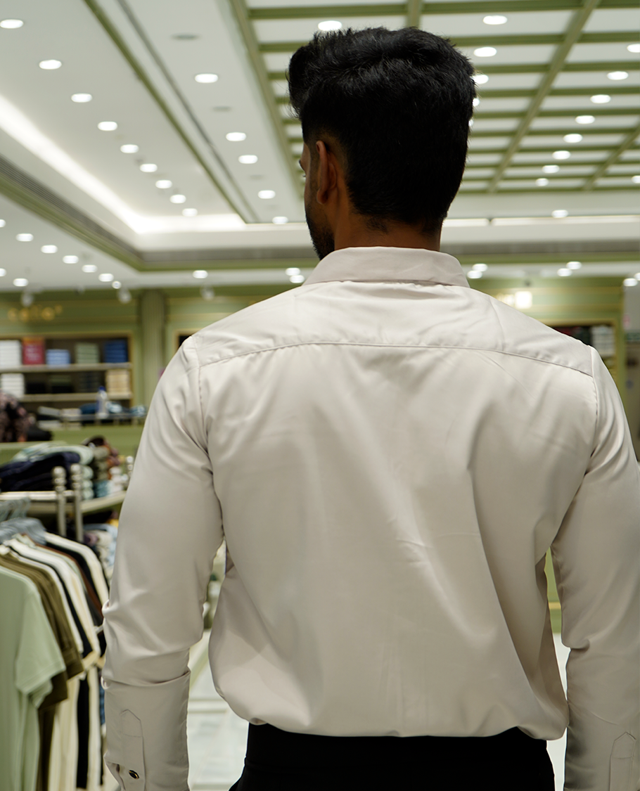 Cream Designer Party Wear Shirt Features Flower Work, a Spread Collar, Full Sleeves, a Slim Fit, and Regular Length