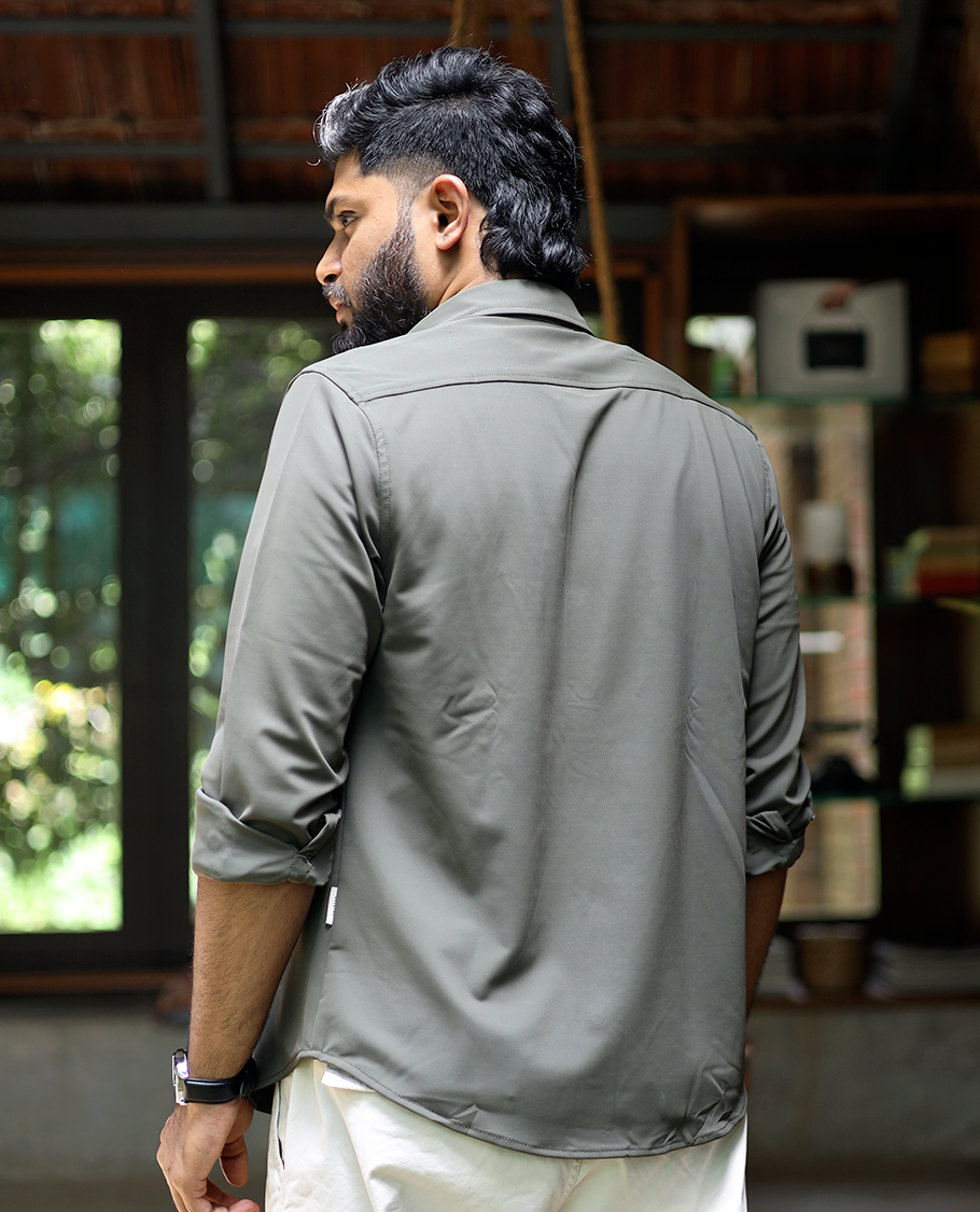 Light Grey Textured Cotton-Blended Casual Shirt Features Half Sleeves, a Regular Fit, a Spread Collar, and Regular Length