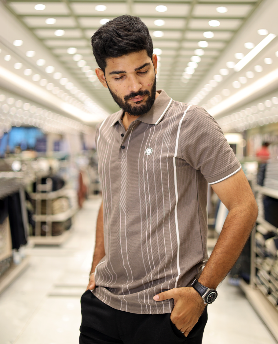 Brown Striped Cotton-Blended T-Shirt Comes with Half-Sleeves, a Polo Neck, a Slim Fit, and Regular Length