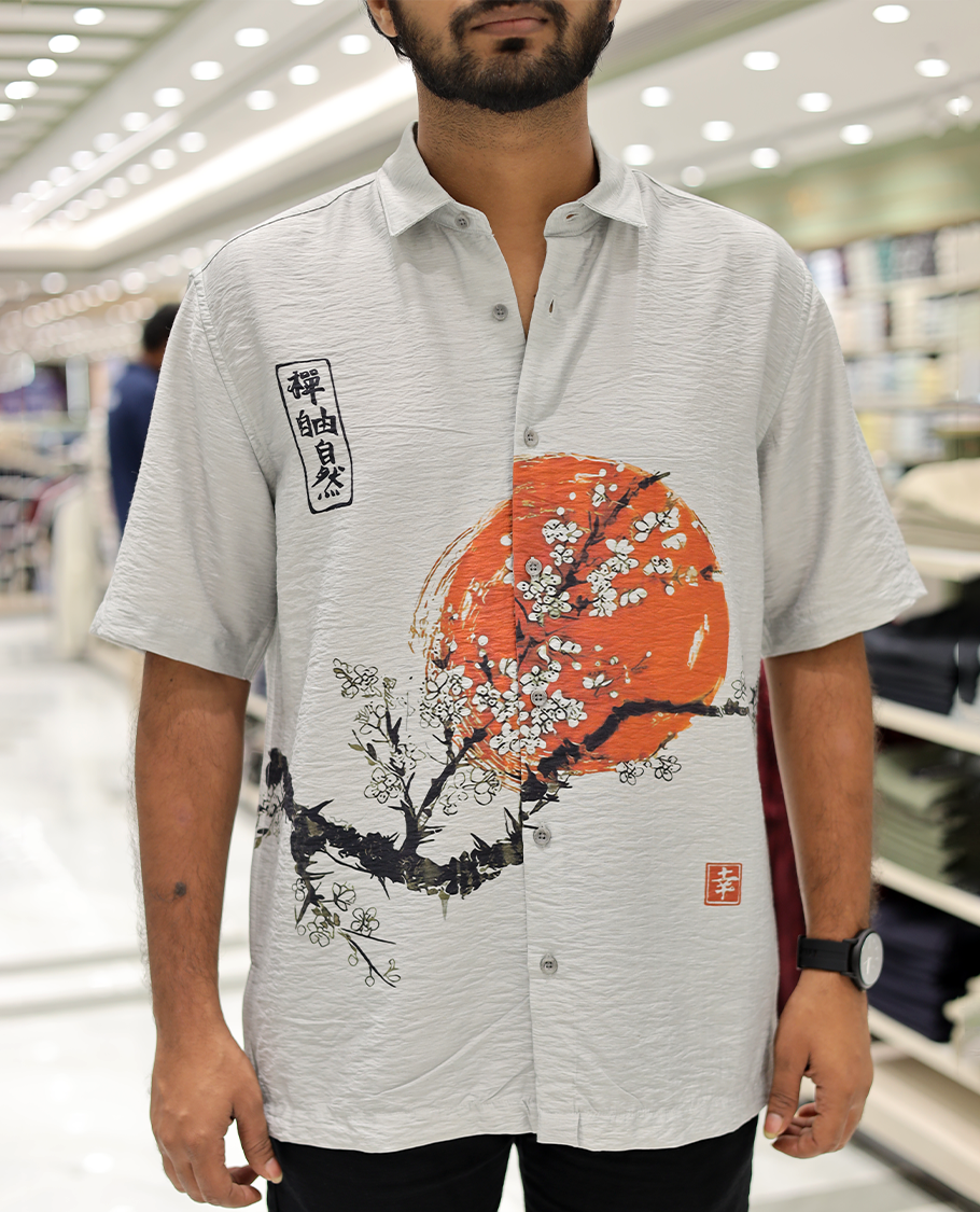 Grey Cotton-Blended Casual Shirt, Creatively Printed with Sun and Branches Print, a Half-Sleeve, a Spread Collar, a Boxy Fit, and Regular Length