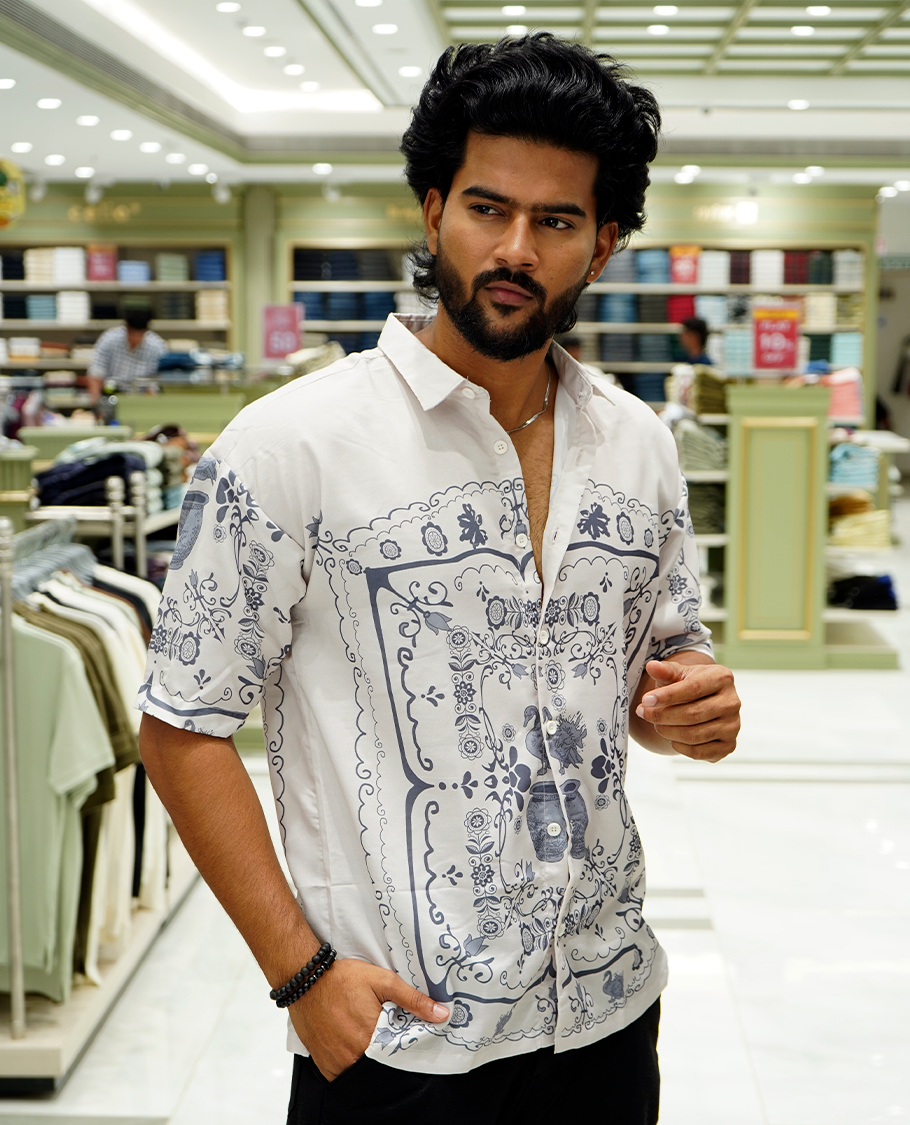Grey Cotton-Blended Casual Shirt Features Intricate Print, Full Sleeves, a Spread Collar, a Slim Fit, and a Regular Length