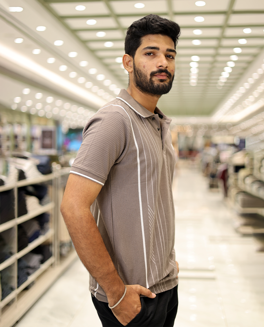 Brown Striped Cotton-Blended T-Shirt Comes with Half-Sleeves, a Polo Neck, a Slim Fit, and Regular Length