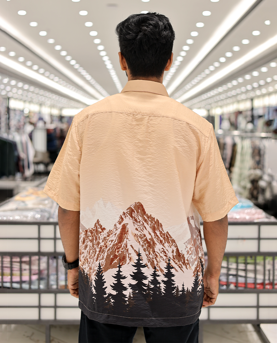 Pink Cotton-Blended Casual Shirt, Artfully Printed with Himalayan-Themed Snowfall Print, a Half-Sleeve, a Spread Collar, a Boxy Fit, and Regular Length