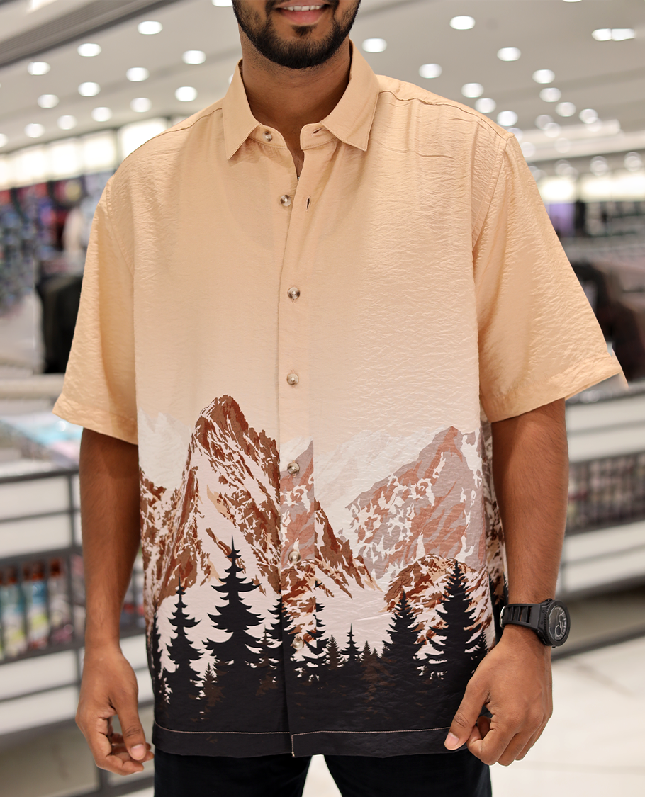 Pink Cotton-Blended Casual Shirt, Artfully Printed with Himalayan-Themed Snowfall Print, a Half-Sleeve, a Spread Collar, a Boxy Fit, and Regular Length