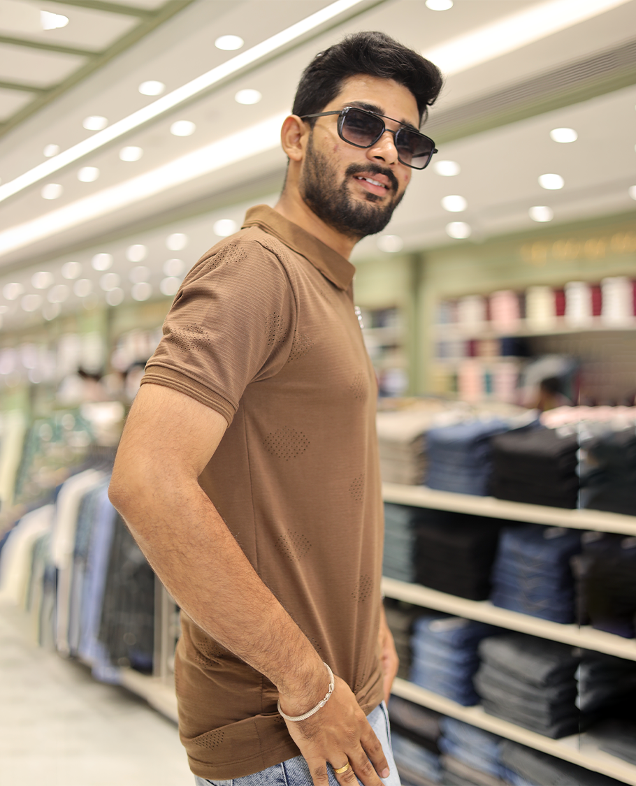 Brown Textured Cotton-Blended Laser-Cut T-Shirt Comes with Half-Sleeves, a Polo Neck, a Slim Fit, and Regular Length