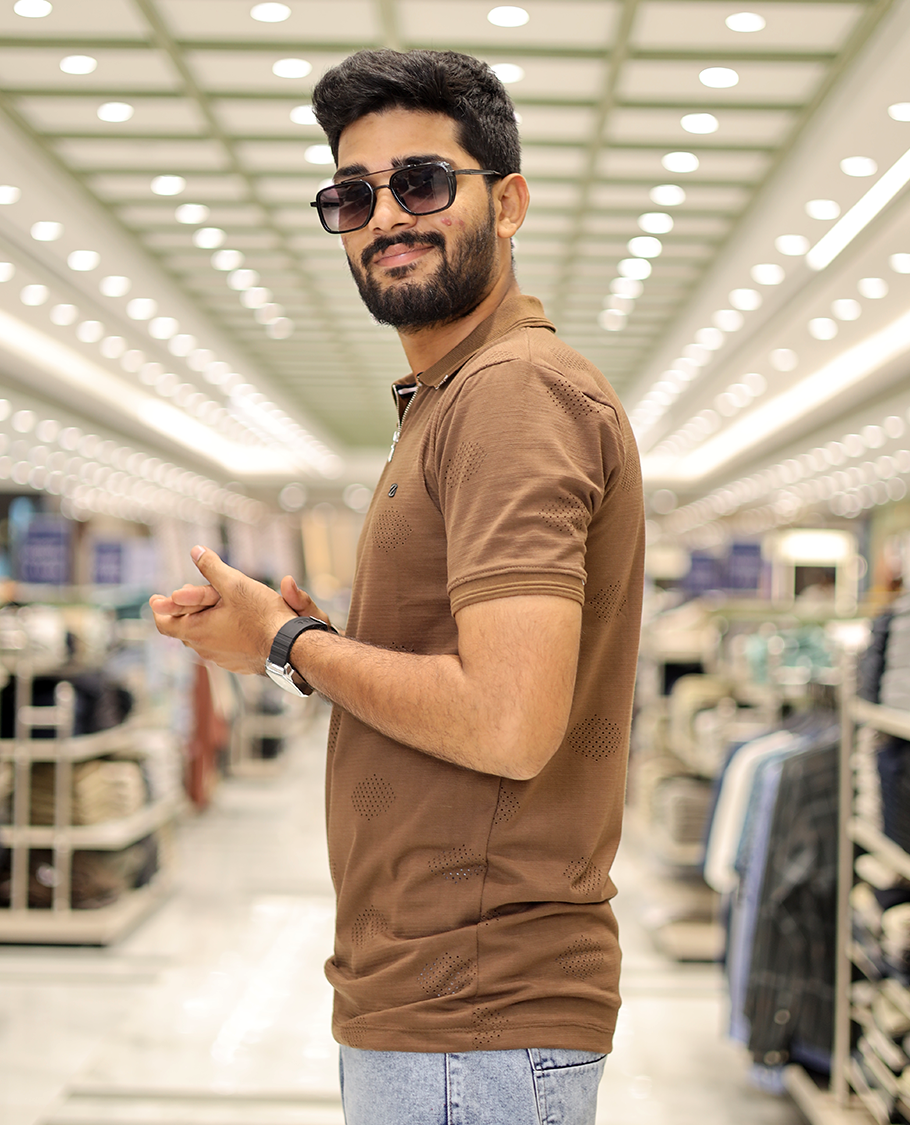 Brown Textured Cotton-Blended Laser-Cut T-Shirt Comes with Half-Sleeves, a Polo Neck, a Slim Fit, and Regular Length