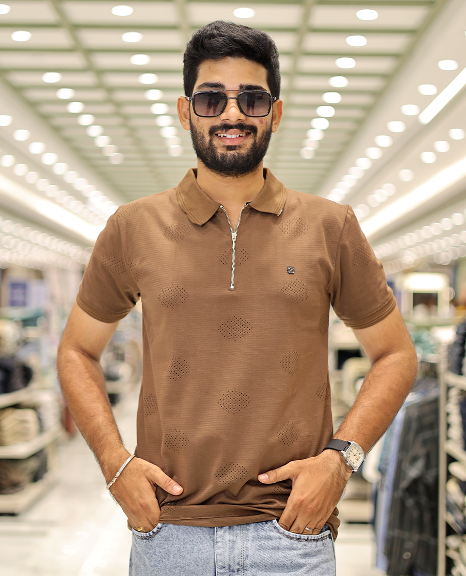 Brown Textured Cotton-Blended Laser-Cut T-Shirt Comes with Half-Sleeves, a Polo Neck, a Slim Fit, and Regular Length