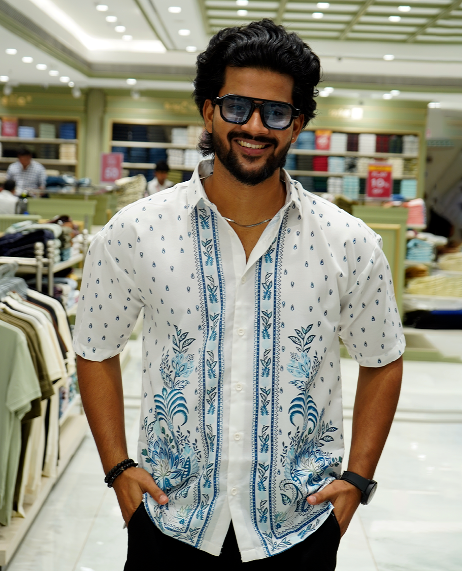 White Cotton-Blended Casual Shirt Features Tropical Floral-Paisley Print, Full Sleeves, a Spread Collar, a Slim Fit, and a Regular Length