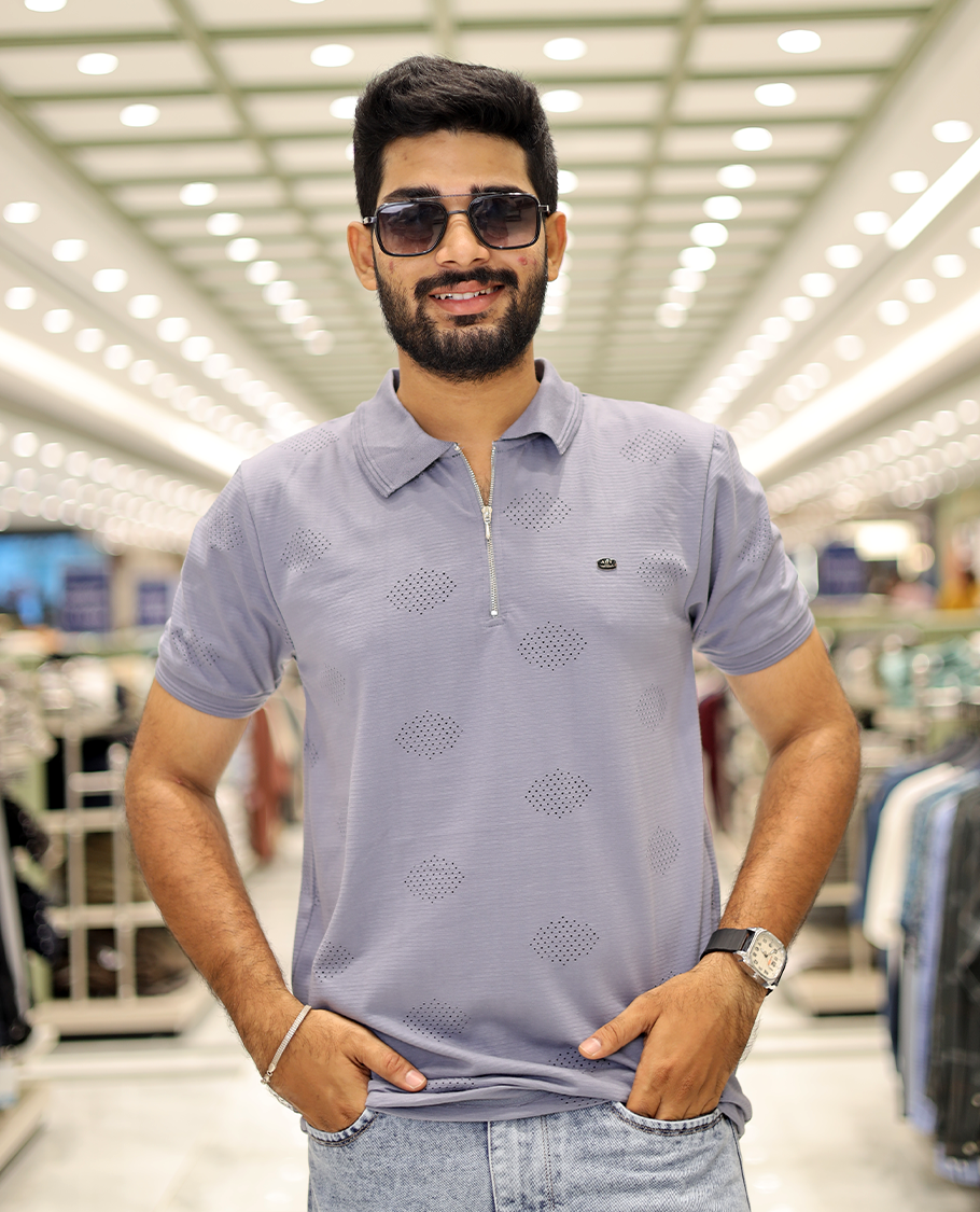Grey Textured Cotton-Blended Laser-Cut T-Shirt Comes with Half-Sleeves, a Polo Neck, a Slim Fit, and Regular Length