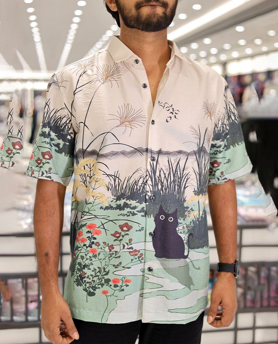 Multi-color Cotton-Blended Casual Shirt, Creatively Printed with Cat and Scenery Print, a Half-Sleeve, a Spread Collar, a Boxy Fit, and Regular Length