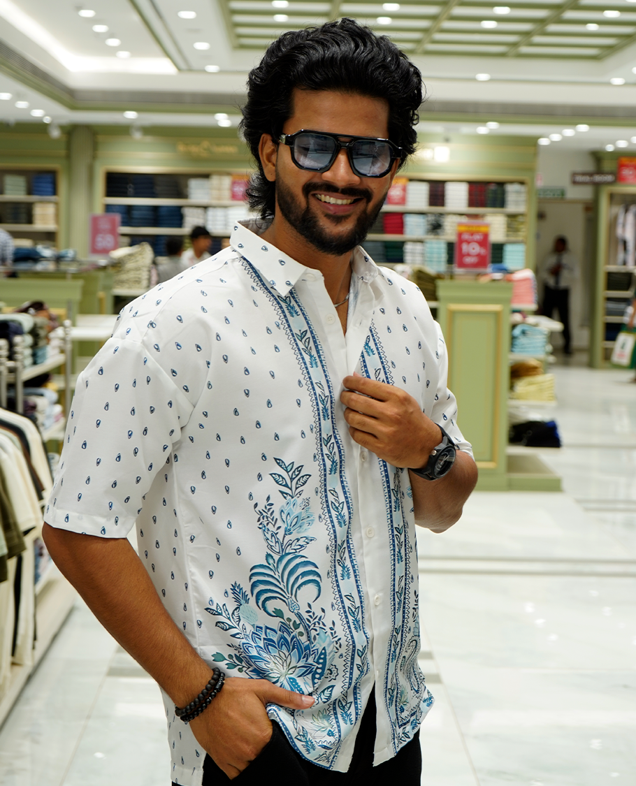 White Cotton-Blended Casual Shirt Features Tropical Floral-Paisley Print, Full Sleeves, a Spread Collar, a Slim Fit, and a Regular Length
