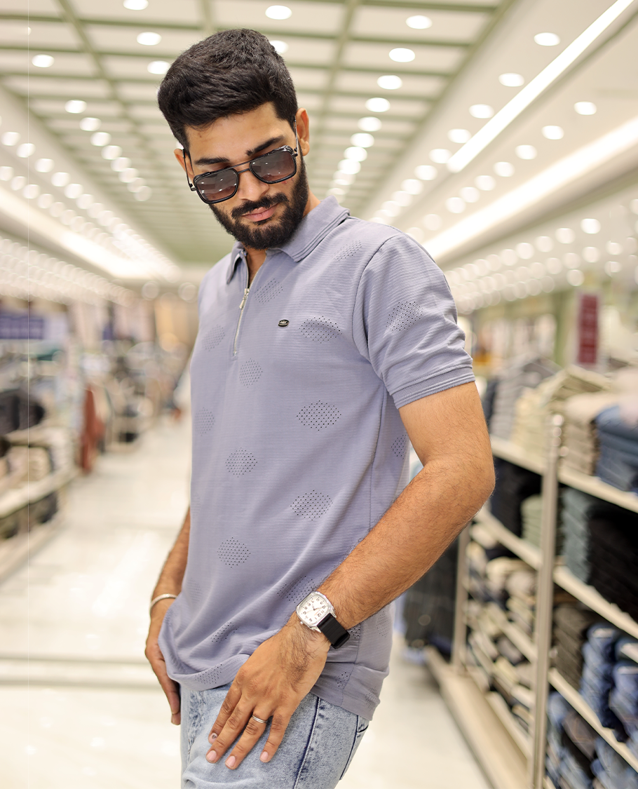 Grey Textured Cotton-Blended Laser-Cut T-Shirt Comes with Half-Sleeves, a Polo Neck, a Slim Fit, and Regular Length
