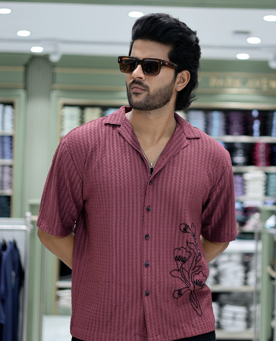 Red Cotton-Blended Casual Shirt Features Floral Embroidery, Half Sleeves, a Cuban Collar, a Boxy Fit, and a Regular Length