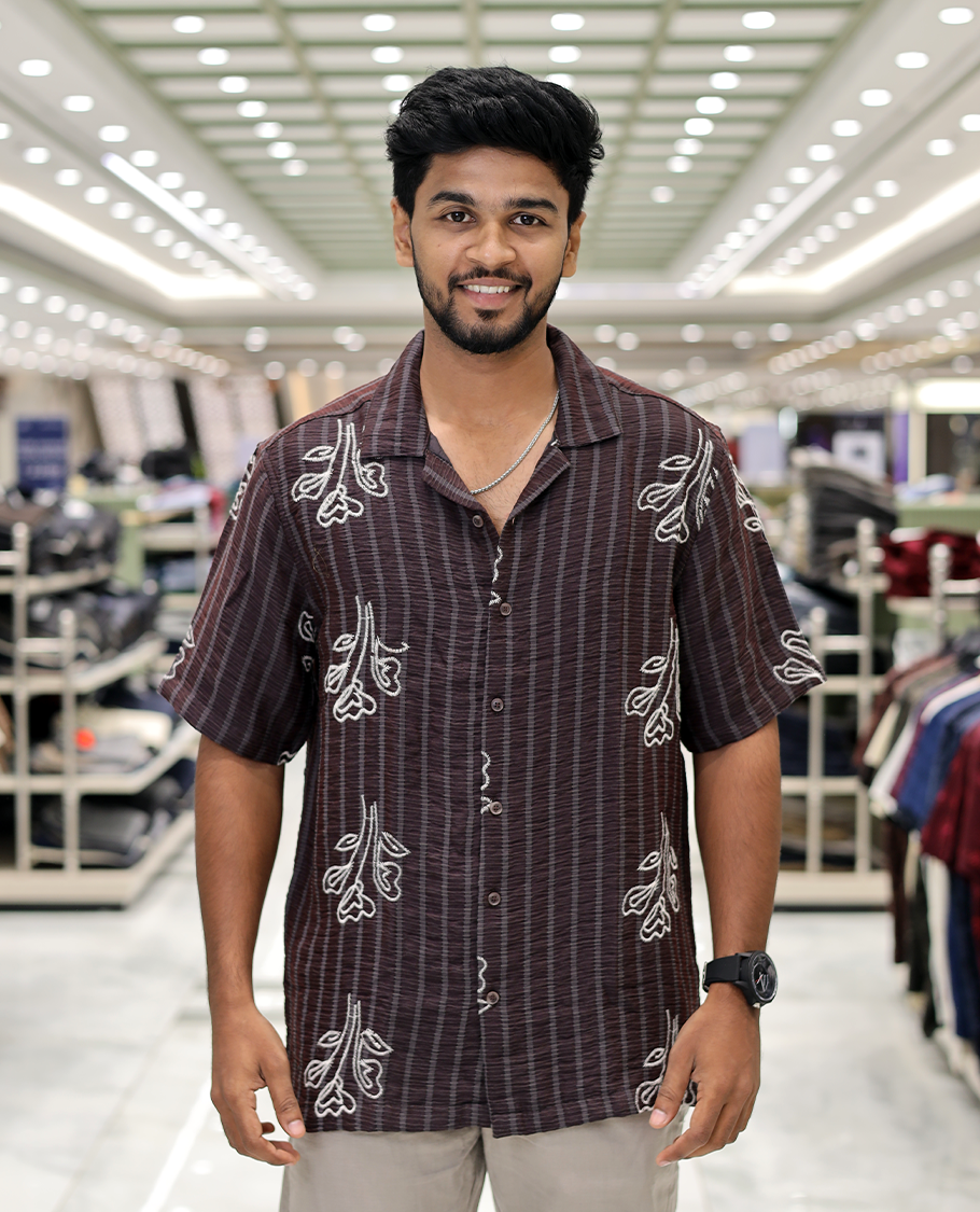Maroon Cotton-Blended Casual Shirt, Delicately Woven with Stripes-Floral Motifs Embroidery, a Half-Sleeve, a Cuban Collar, a Boxy Fit, and Regular Length