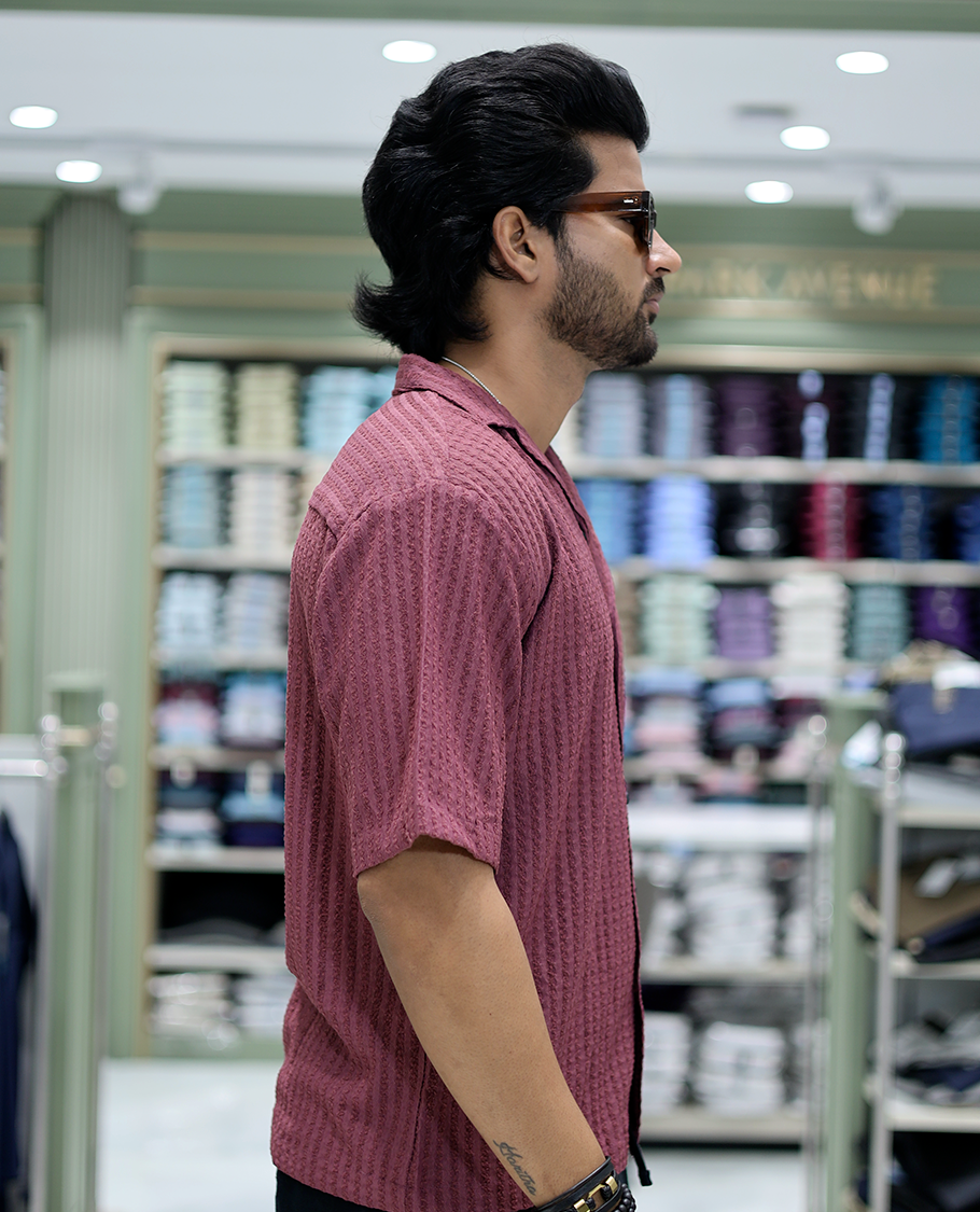 Red Cotton-Blended Casual Shirt Features Floral Embroidery, Half Sleeves, a Cuban Collar, a Boxy Fit, and a Regular Length