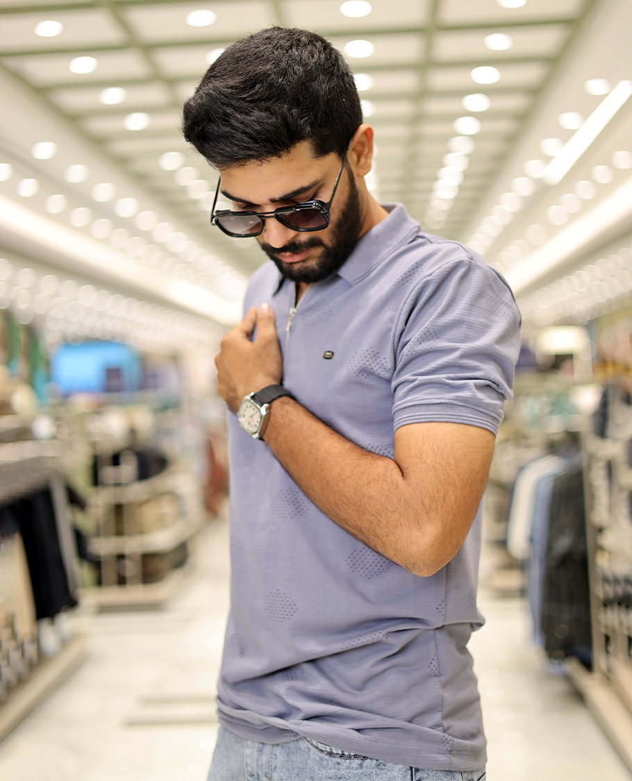 Grey Textured Cotton-Blended Laser-Cut T-Shirt Comes with Half-Sleeves, a Polo Neck, a Slim Fit, and Regular Length