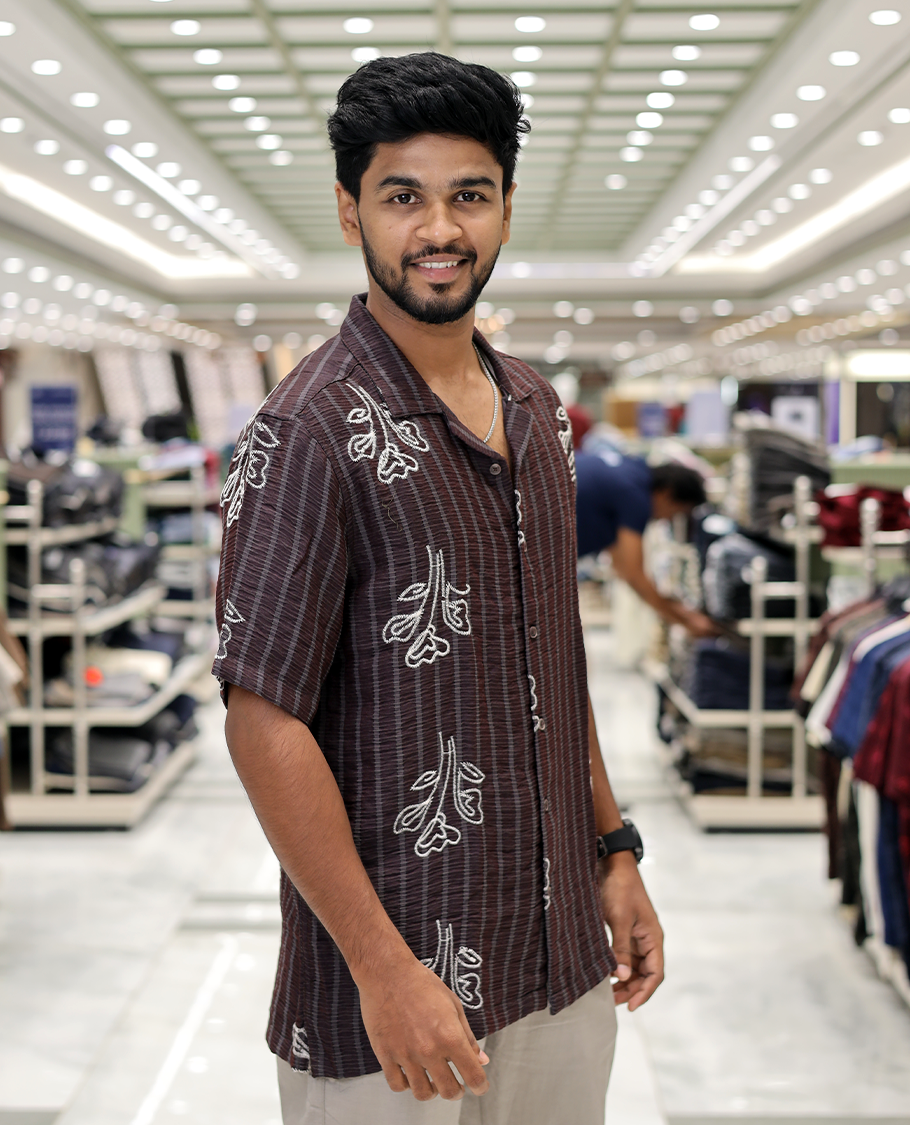 Maroon Cotton-Blended Casual Shirt, Delicately Woven with Stripes-Floral Motifs Embroidery, a Half-Sleeve, a Cuban Collar, a Boxy Fit, and Regular Length
