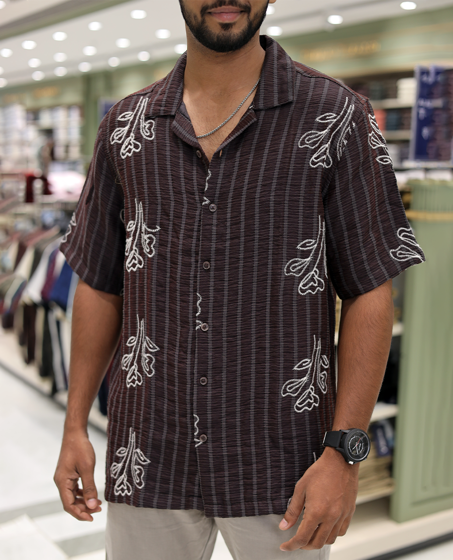 Maroon Cotton-Blended Casual Shirt, Delicately Woven with Stripes-Floral Motifs Embroidery, a Half-Sleeve, a Cuban Collar, a Boxy Fit, and Regular Length