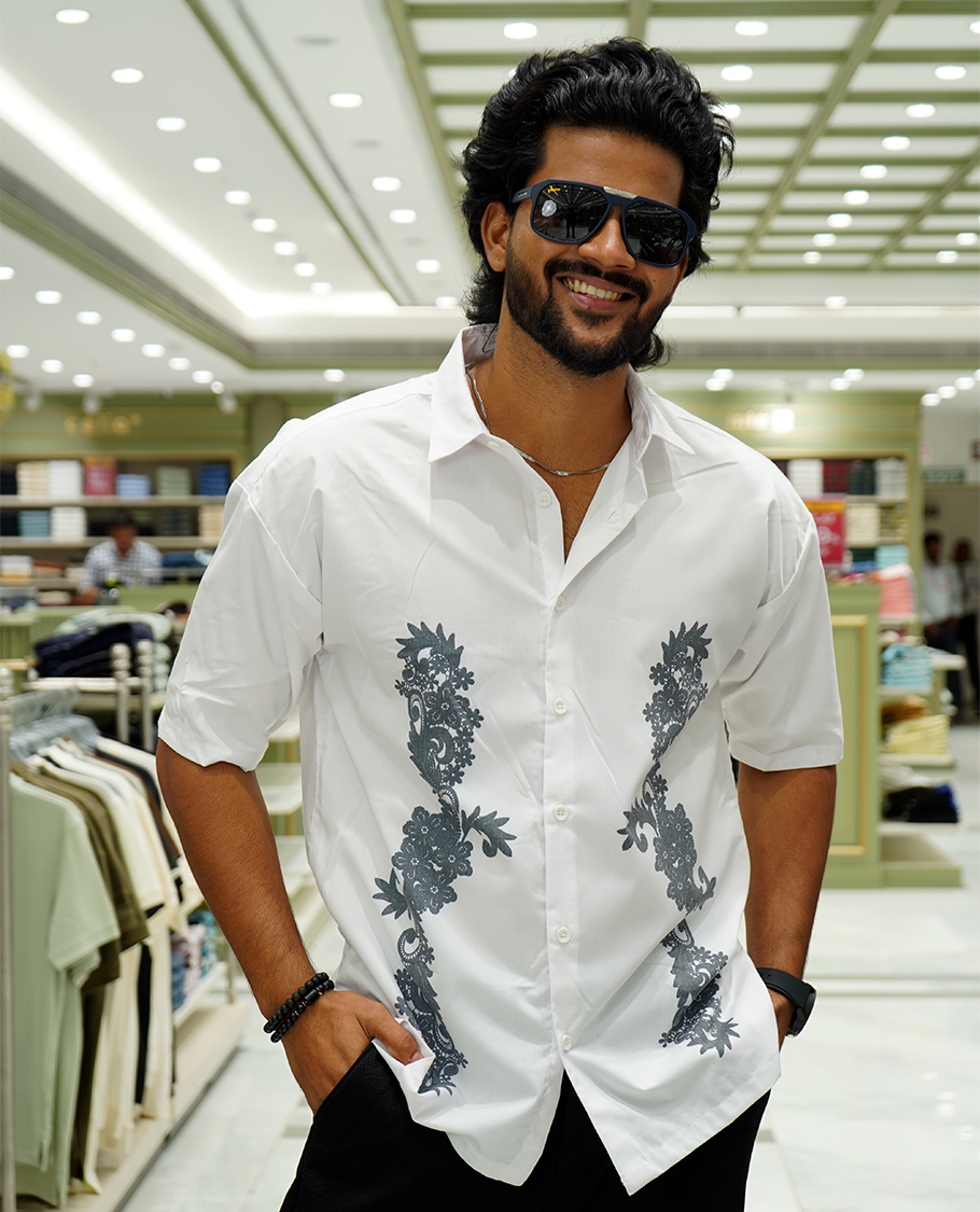 White Cotton-Blended Casual Shirt Features Floral Print, Full Sleeves, a Spread Collar, a Slim Fit, and a Regular Length