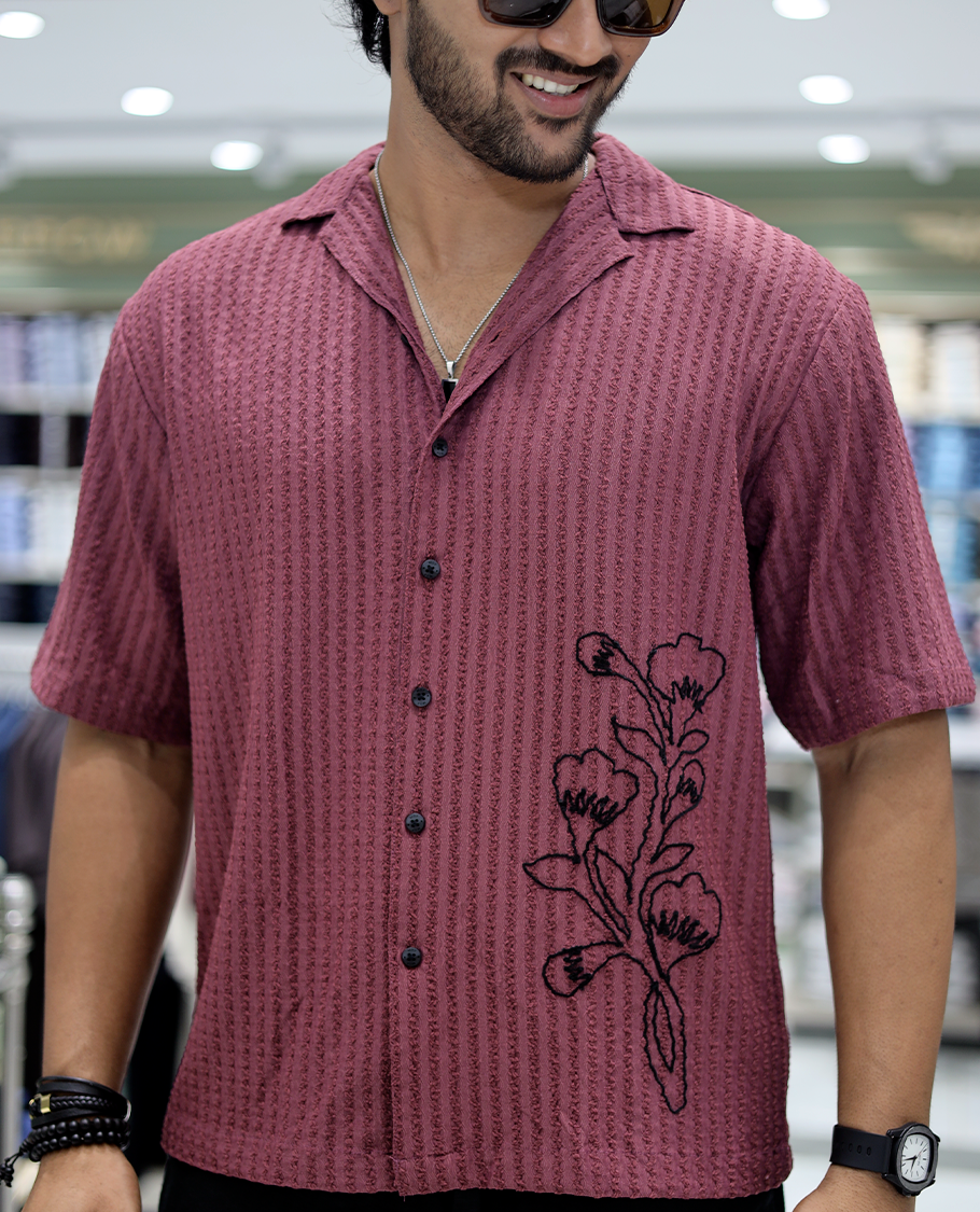 Red Cotton-Blended Casual Shirt Features Floral Embroidery, Half Sleeves, a Cuban Collar, a Boxy Fit, and a Regular Length