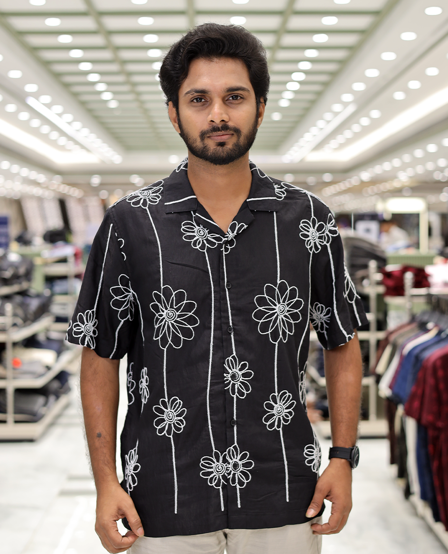 Black Cotton-Blended Casual Shirt, Delicately Woven with Floral Embroidery, a Half-Sleeve, a Cuban Collar, a Boxy Fit, and Regular Length