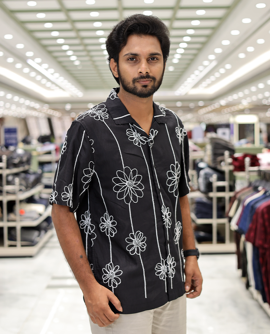 Black Cotton-Blended Casual Shirt, Delicately Woven with Floral Embroidery, a Half-Sleeve, a Cuban Collar, a Boxy Fit, and Regular Length