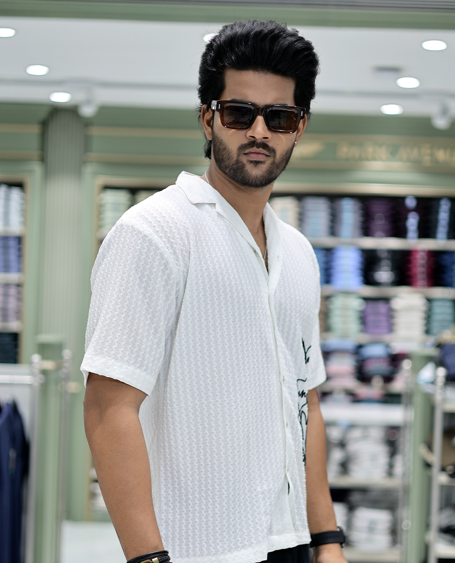 White Cotton-Blended Casual Shirt Features Floral Embroidery, Half Sleeves, a Cuban Collar, a Boxy Fit, and a Regular Length