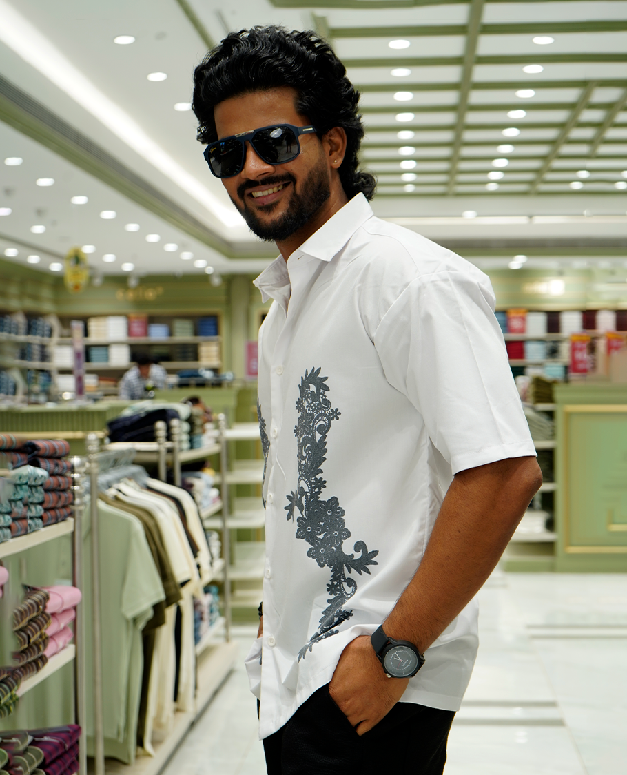 White Cotton-Blended Casual Shirt Features Floral Print, Full Sleeves, a Spread Collar, a Slim Fit, and a Regular Length