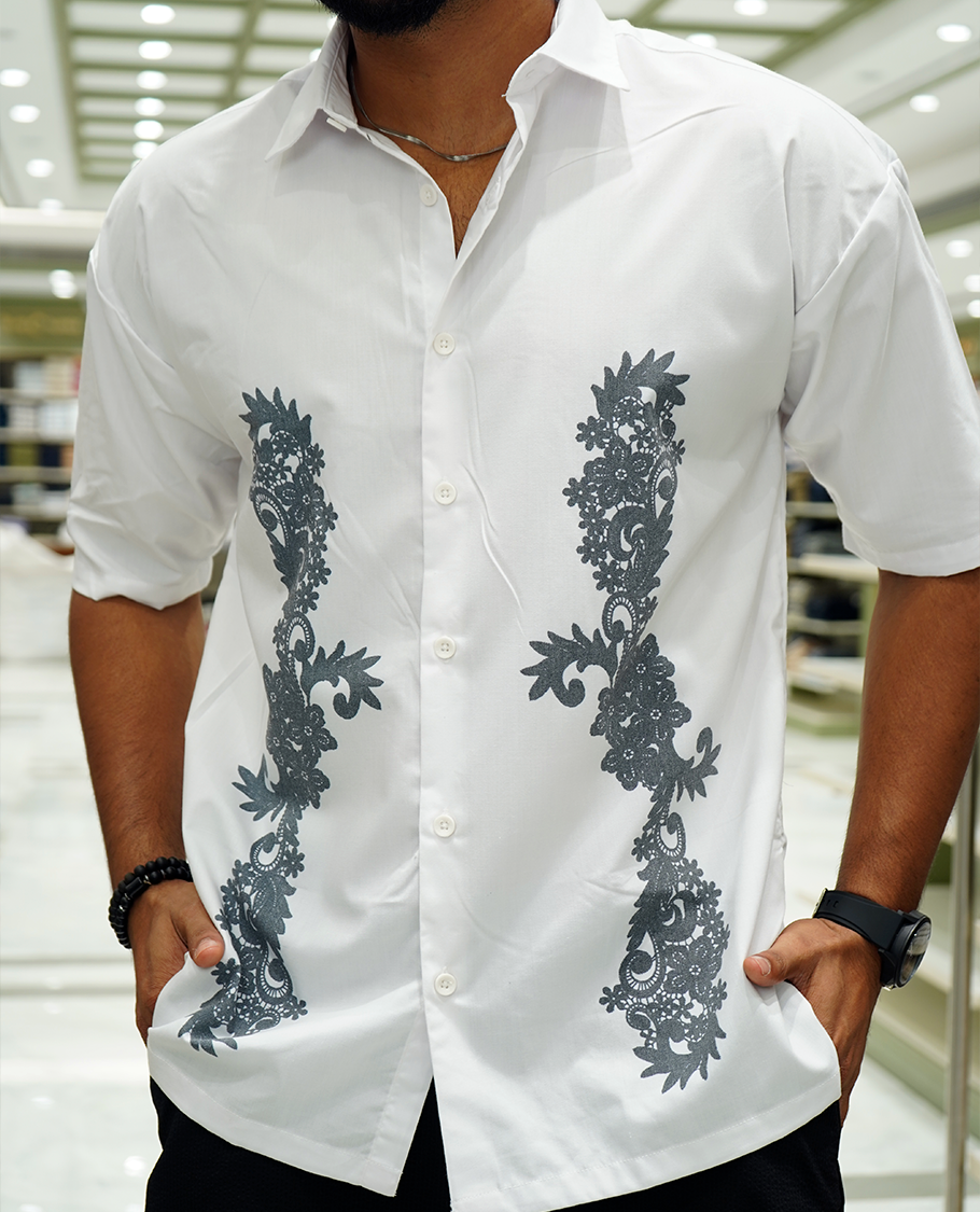 White Cotton-Blended Casual Shirt Features Floral Print, Full Sleeves, a Spread Collar, a Slim Fit, and a Regular Length