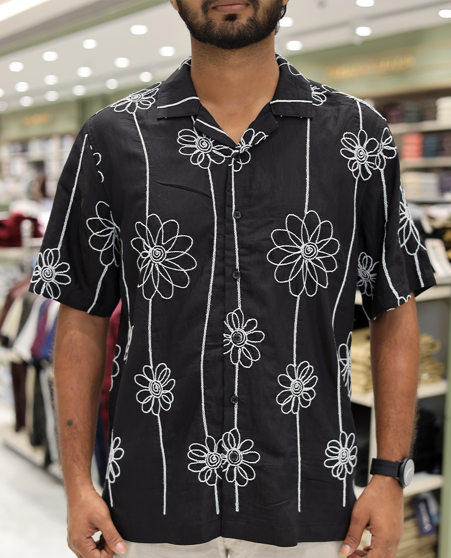 Black Cotton-Blended Casual Shirt, Delicately Woven with Floral Embroidery, a Half-Sleeve, a Cuban Collar, a Boxy Fit, and Regular Length