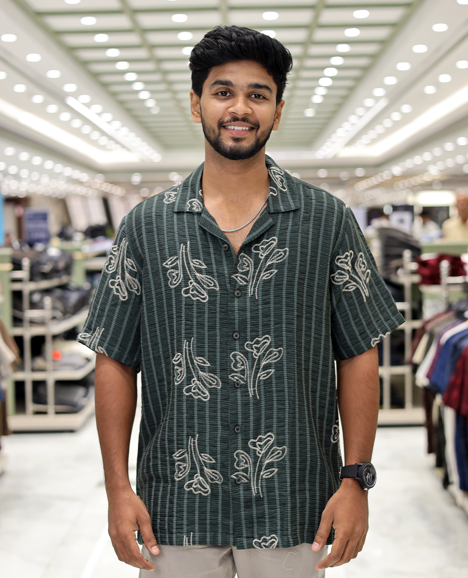 Green Cotton-Blended Casual Shirt, Delicately Woven with Stripes-Floral Motifs Embroidery, a Half-Sleeve, a Cuban Collar, a Boxy Fit, and Regular Length